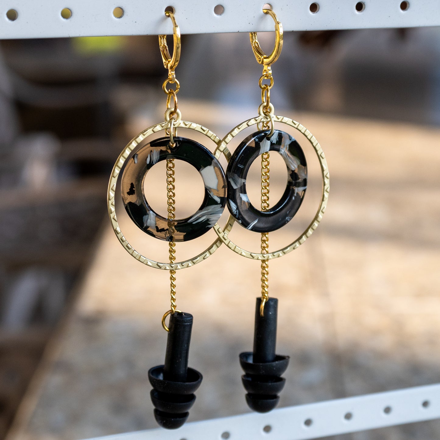 Gold Black Hoop Earplug Earrings