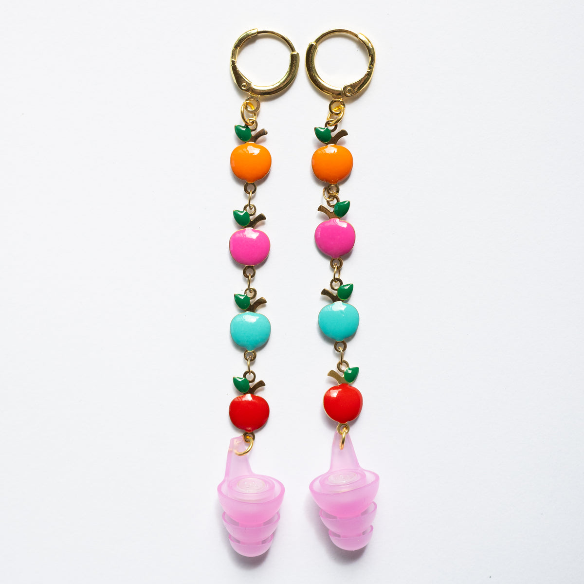 Candy apple earplug earring with vibrant multicolored linked apple charms and tethered earplugs for classroom volume control