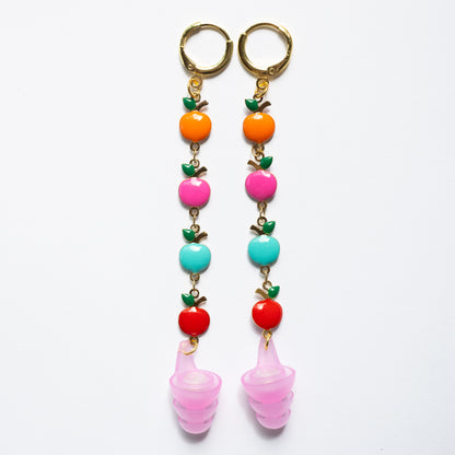 Candy apple earplug earring with vibrant multicolored linked apple charms and tethered earplugs for classroom volume control