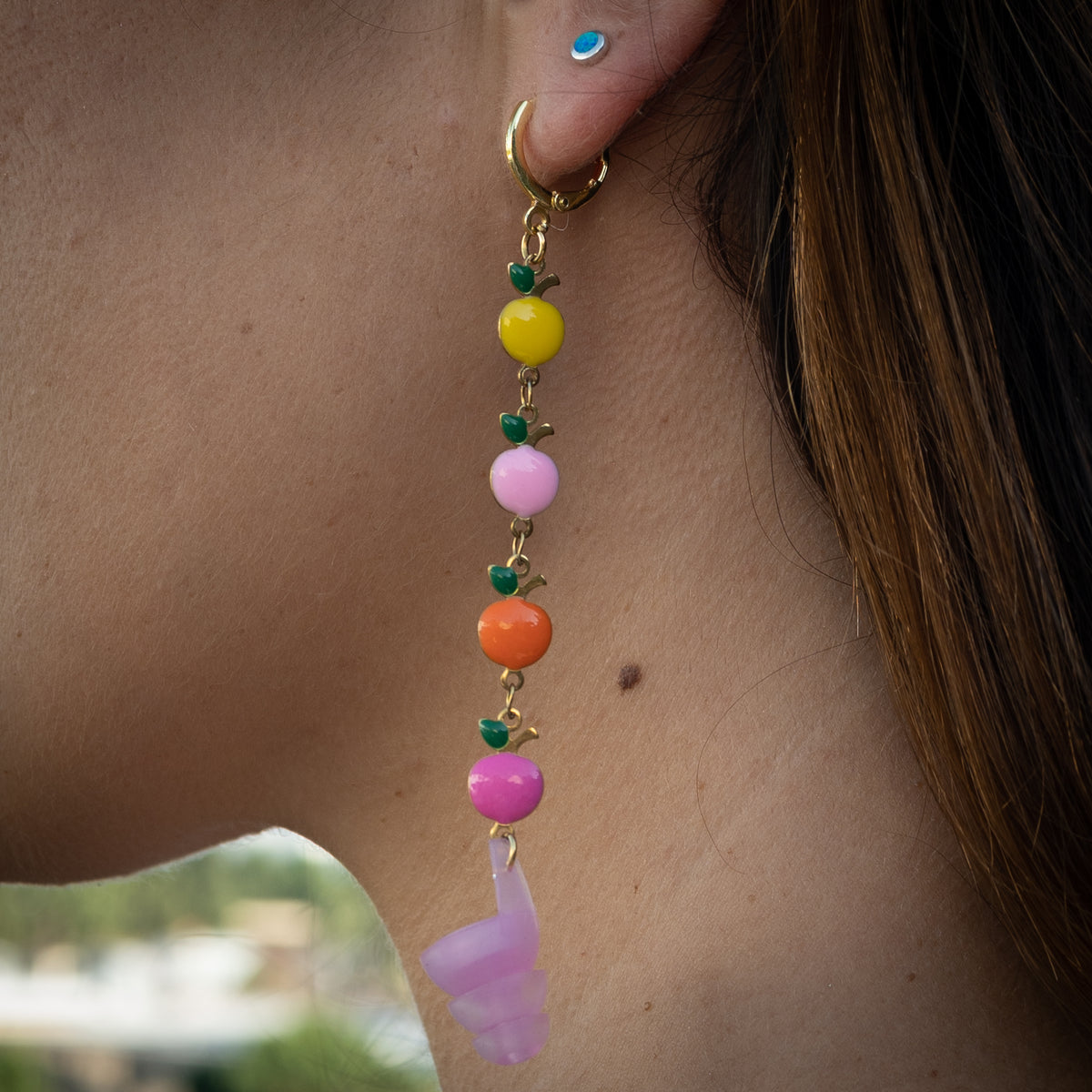 Candy Apple single chain earplug earring with linked apple charms and tethered earplugs for teachers