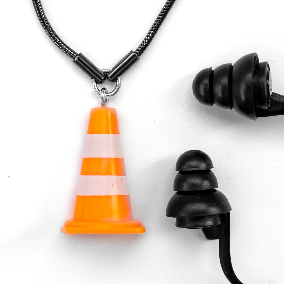 earplug necklace for concerts with construction orange traffic cone pendant