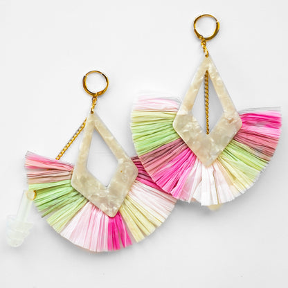 Vibrant pastel colorful large earrings with large textured fan and earplugs for carnival outfit