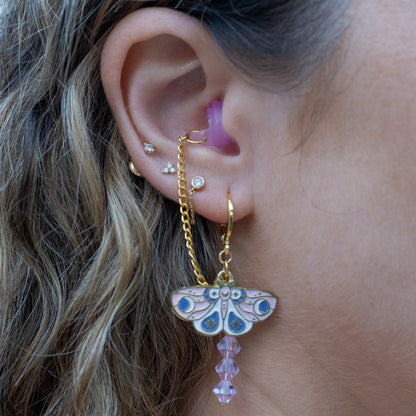 high fidelity earplug earrings for concert with pink butterfly charm