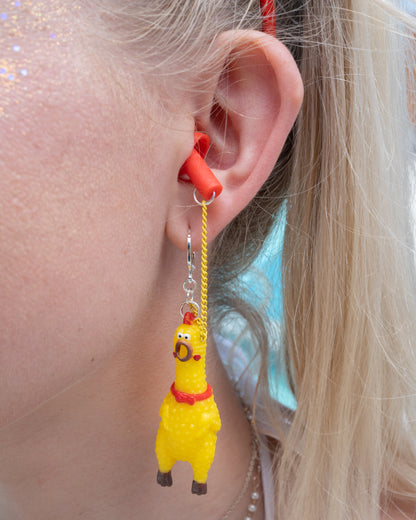 Rubber chicken earplug earrings